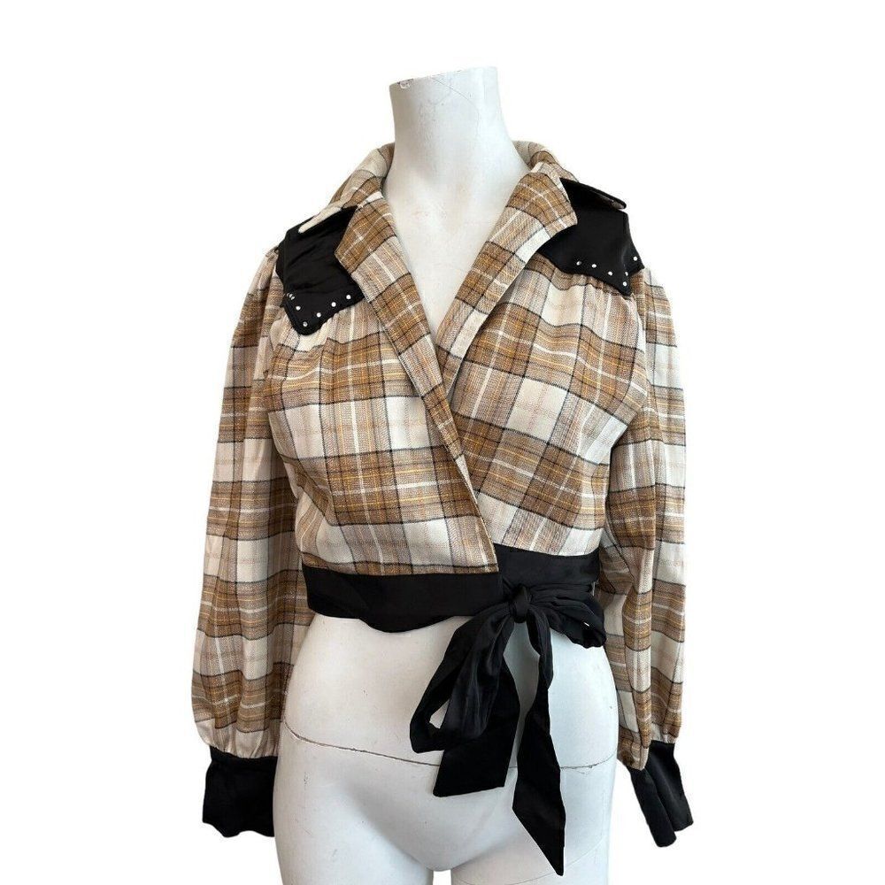 Ladies Small 4 Beige Plaid Cropped Wrap Jacket Metallic Black Satin Yoke NWT